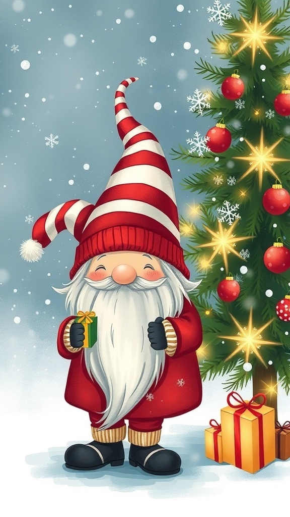A whimsical Christmas gnome with a gift by a decorated tree in a snowy background.